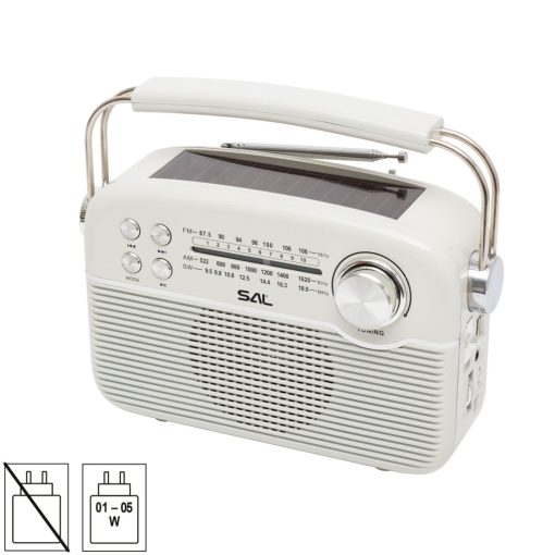 SAL RPR9 napelemes rádió multimédia lejátszóval, FM-AM-SW rádió, Bluetooth, USB és microSD csatlakozás, beépített akkumulátor